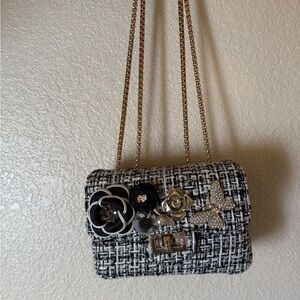 Elegant Black and White Tweed Bag with Gold Accents
